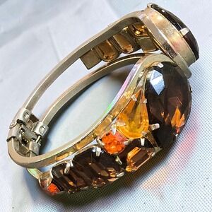 Vintage Amber Cognac Rhinestone Clamper Bracelet Silver Tone Statement MCM